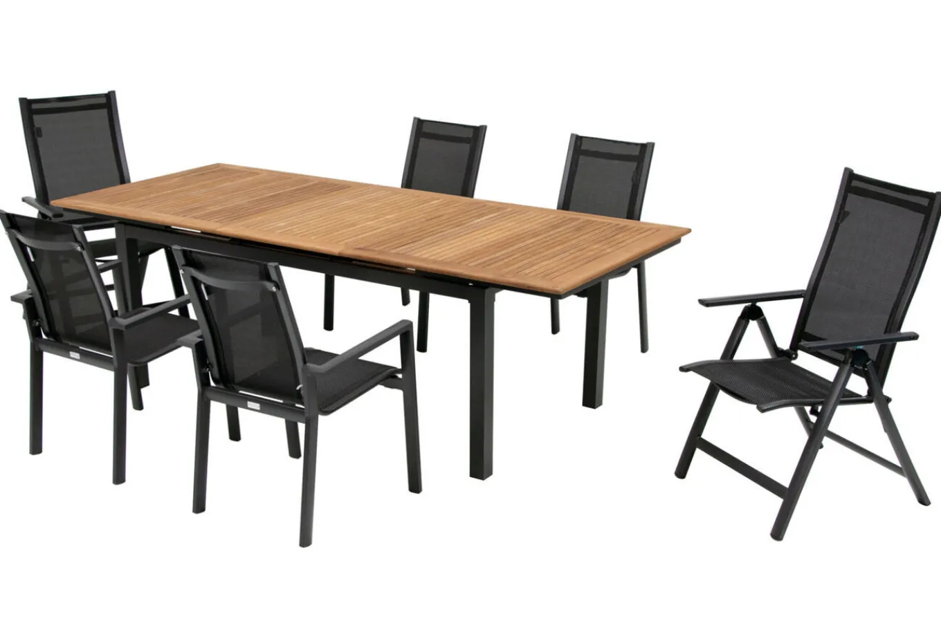 Best Garten-Essgruppe, ® anthrazit matt, Alu / Teak / Textil, Ausziehtisch 180/240 x 100cm, 4 Stapelsessel, 2 Klappstühle Garten-Essgruppen
