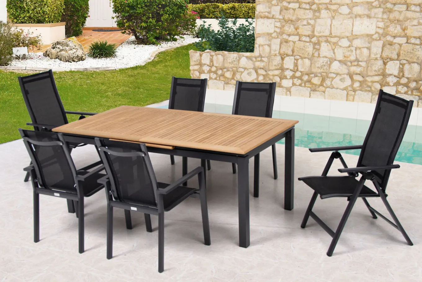 Best Garten-Essgruppe, ® anthrazit matt, Alu / Teak / Textil, Ausziehtisch 180/240 x 100cm, 4 Stapelsessel, 2 Klappstühle Garten-Essgruppen