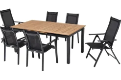 Best Garten-Essgruppe, ® anthrazit matt, Alu / Teak / Textil, Ausziehtisch 180/240 x 100cm, 4 Stapelsessel, 2 Klappstühle Garten-Essgruppen