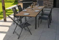 Best Garten-Essgruppe, ® anthrazit matt, Alu / Teak / Textil, Ausziehtisch 180/240 x 100cm, 4 Stapelsessel, 2 Klappstühle Garten-Essgruppen