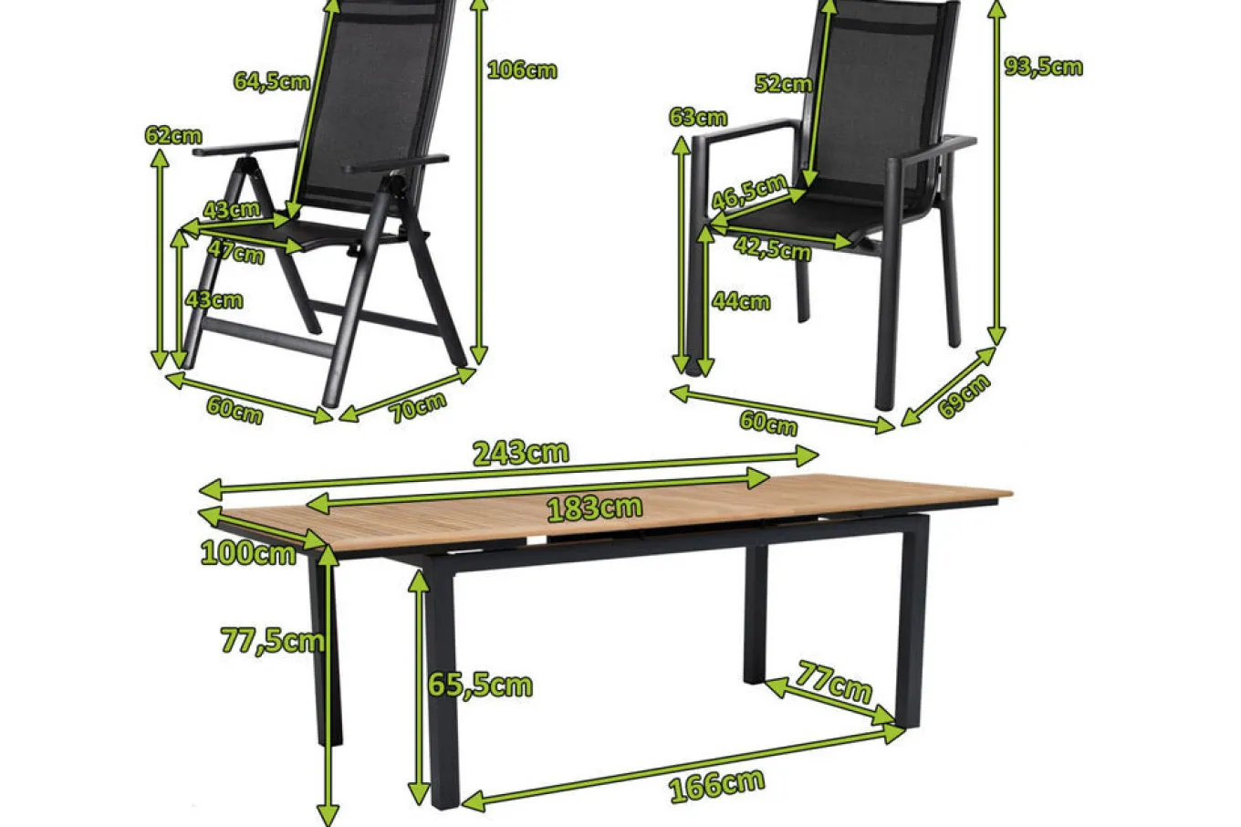 Best Garten-Essgruppe, ® anthrazit matt, Alu / Teak / Textil, Ausziehtisch 180/240 x 100cm, 4 Stapelsessel, 2 Klappstühle Garten-Essgruppen