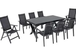 Garten-Essgruppe, ® anthrazit matt, Alu / Spraystone / Textil, Tisch 180/280 x 100 cm, 6 Stapelsessel, 2 Klappstühle Garten-Essgruppen|Aluminium-Gartenmöbel