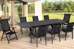 Garten-Essgruppe, ® anthrazit matt, Alu / Spraystone / Textil, Tisch 180/280 x 100 cm, 6 Stapelsessel, 2 Klappstühle Garten-Essgruppen|Aluminium-Gartenmöbel
