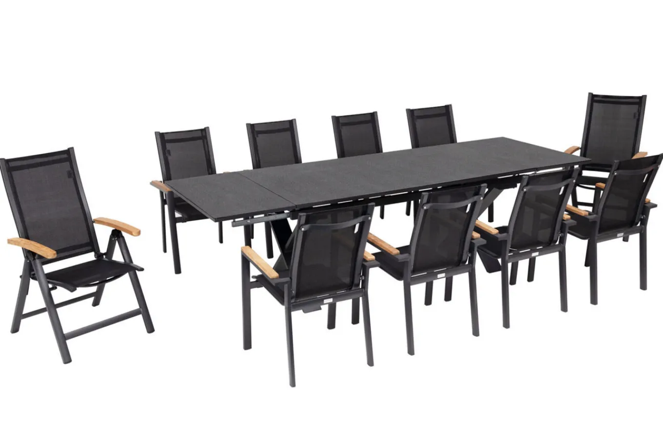 Outlet Garten-Essgruppe, ® anthrazit matt, Alu / Spraystone / Teak, Tisch 180/280 x 100 cm, 8 Stapelsessel, 2 Klappstühle Garten-Essgruppen