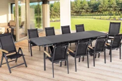 Outlet Garten-Essgruppe, ® anthrazit matt, Alu / Spraystone / Teak, Tisch 180/280 x 100 cm, 8 Stapelsessel, 2 Klappstühle Garten-Essgruppen