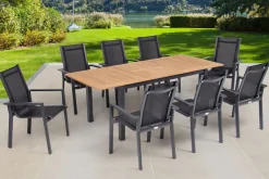 Best Garten-Essgruppe, ® anthrazit matt, Alu / Teak / Textil, Ausziehtisch 150/210x90cm, 8 Stapelsessel Garten-Essgruppen