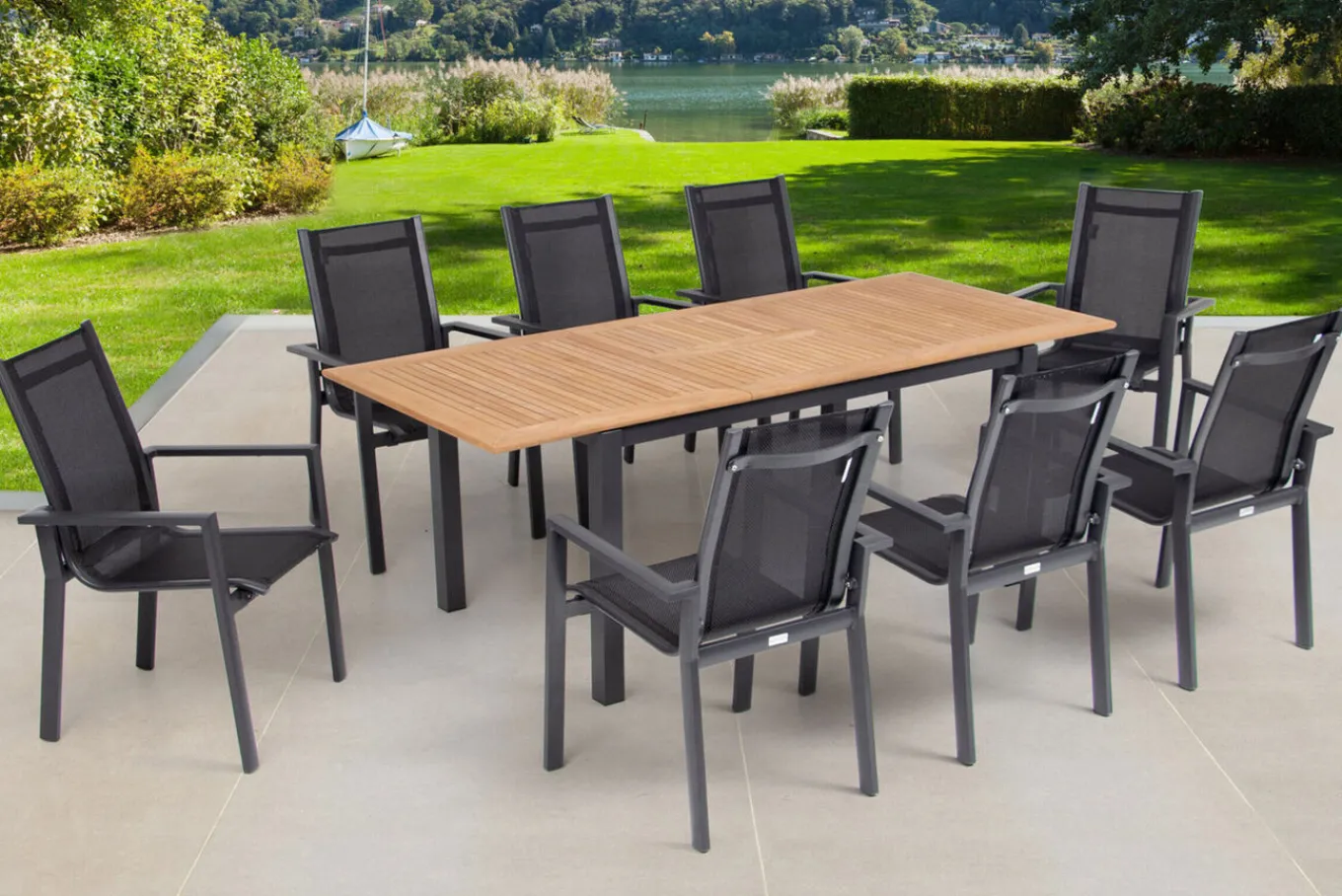 Best Garten-Essgruppe, ® anthrazit matt, Alu / Teak / Textil, Ausziehtisch 150/210x90cm, 8 Stapelsessel Garten-Essgruppen