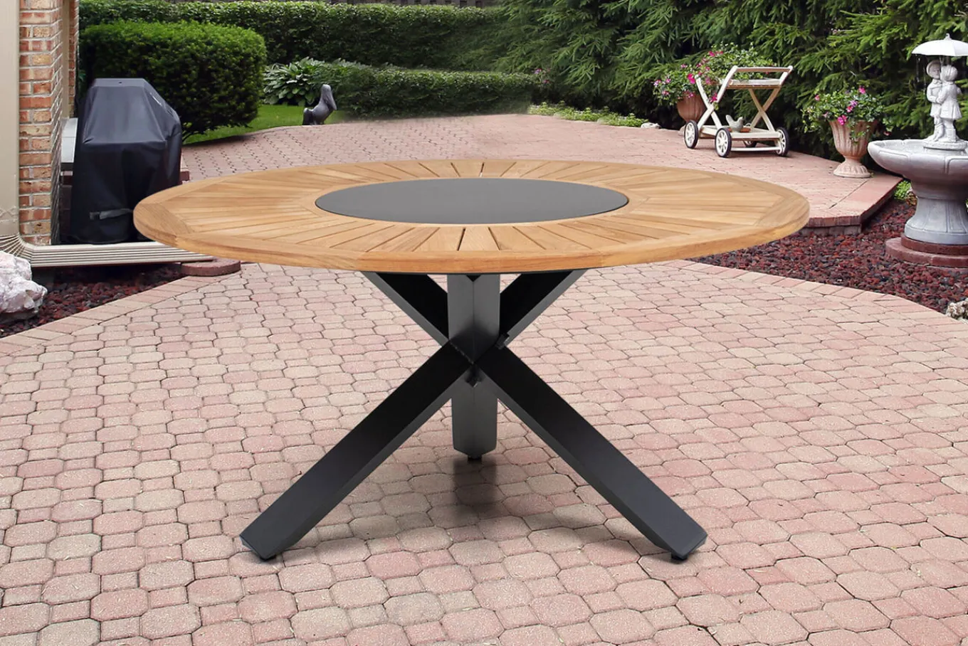 Online Garten-Essgruppe, ® anthrazit matt, Alu / Teak / Textil, Esstisch Ø 150 cm, 5 Stapelsessel Garten-Essgruppen