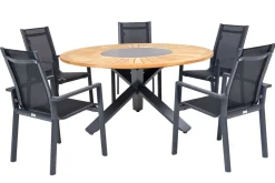 Online Garten-Essgruppe, ® anthrazit matt, Alu / Teak / Textil, Esstisch Ø 150 cm, 5 Stapelsessel Garten-Essgruppen