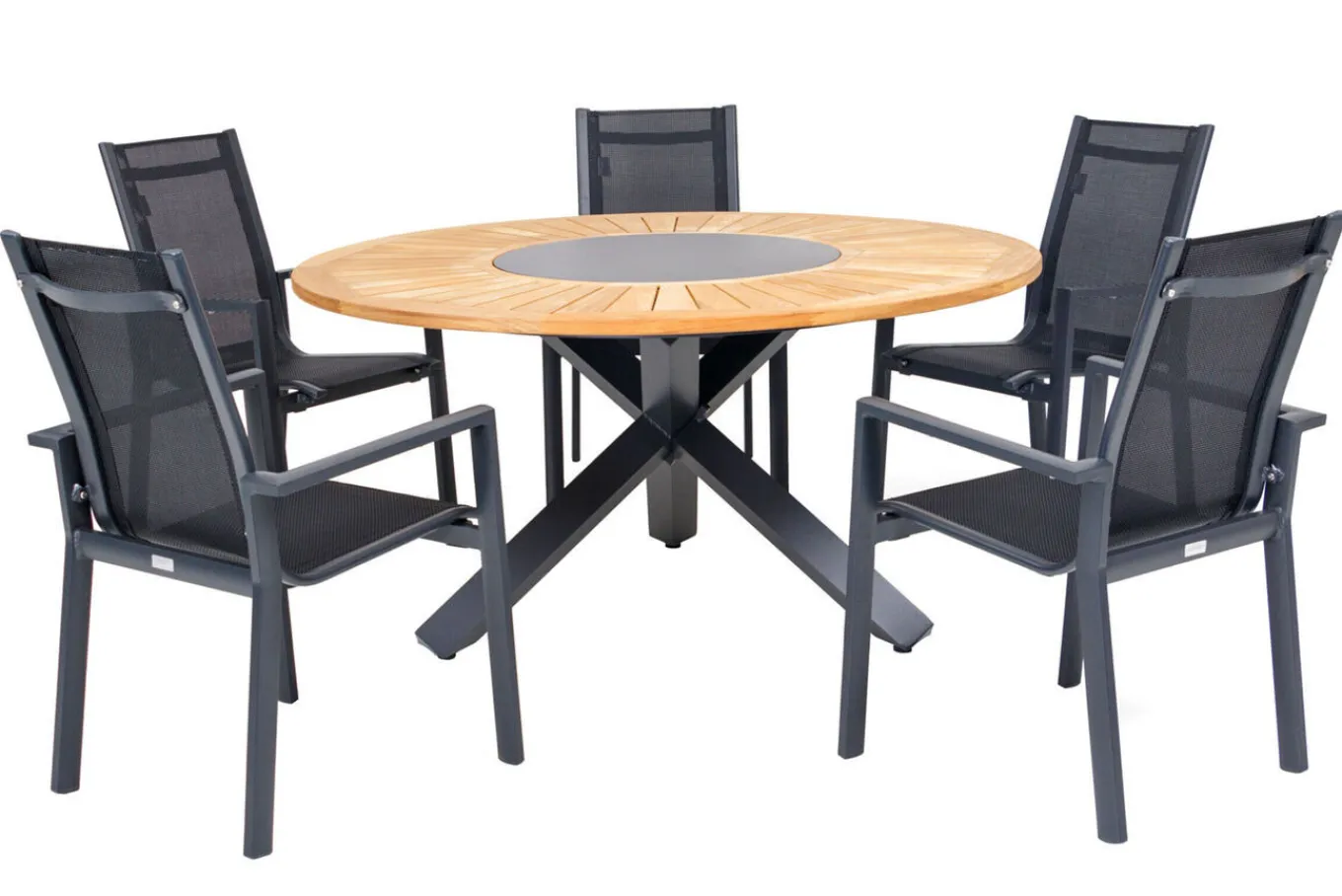 Online Garten-Essgruppe, ® anthrazit matt, Alu / Teak / Textil, Esstisch Ø 150 cm, 5 Stapelsessel Garten-Essgruppen