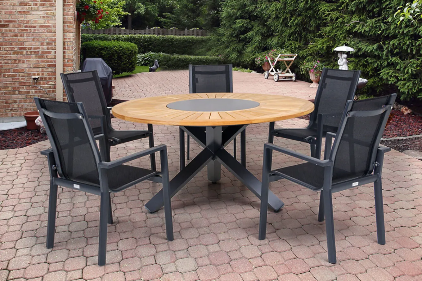 Online Garten-Essgruppe, ® anthrazit matt, Alu / Teak / Textil, Esstisch Ø 150 cm, 5 Stapelsessel Garten-Essgruppen