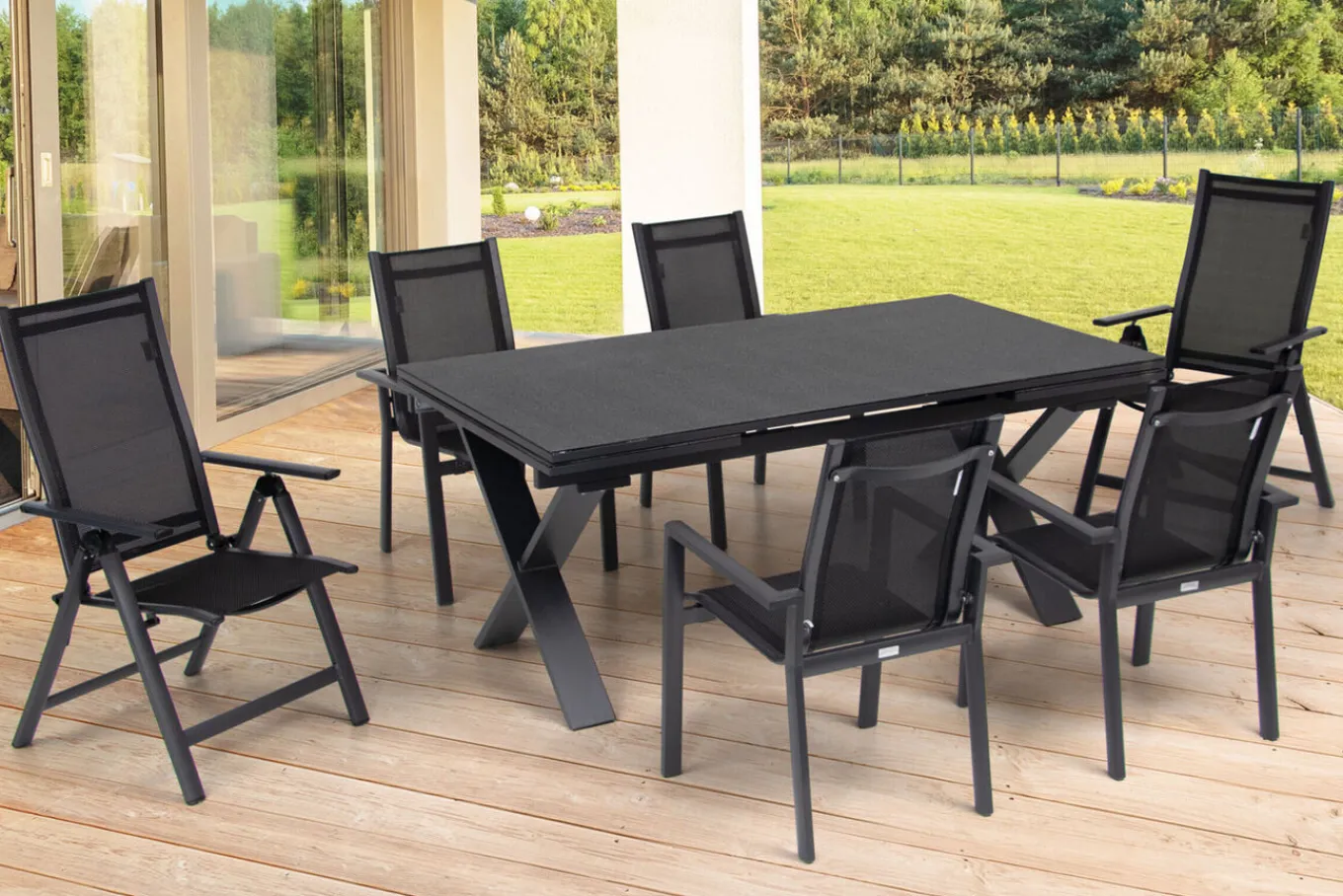 Discount Garten-Essgruppe, ® anthrazit matt, Alu / Spraystone / Textil, Tisch 180/280 x 100 cm, 4 Stapelsessel, 2 Klappstühle Garten-Essgruppen