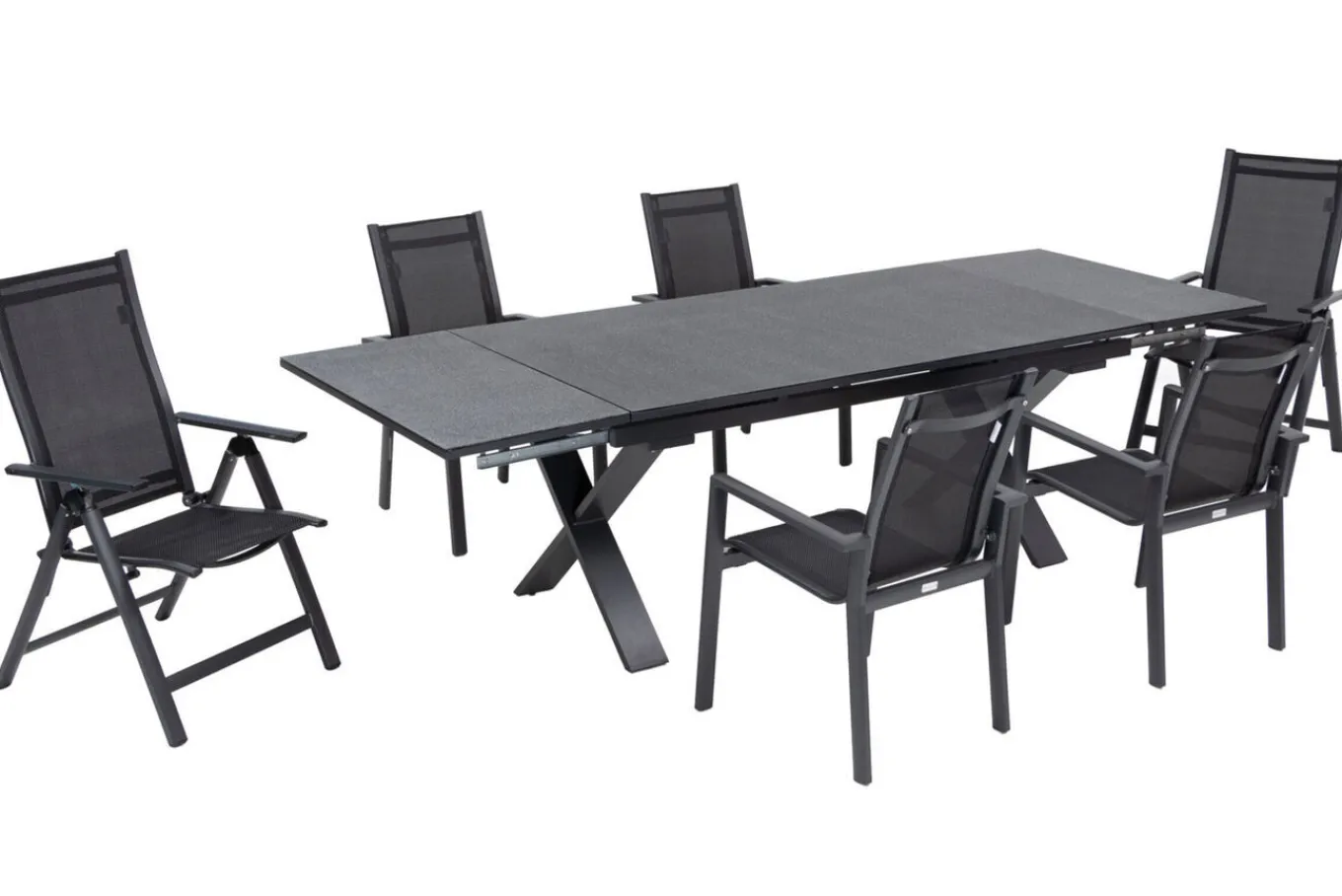 Discount Garten-Essgruppe, ® anthrazit matt, Alu / Spraystone / Textil, Tisch 180/280 x 100 cm, 4 Stapelsessel, 2 Klappstühle Garten-Essgruppen