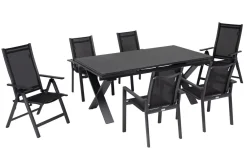 Discount Garten-Essgruppe, ® anthrazit matt, Alu / Spraystone / Textil, Tisch 180/280 x 100 cm, 4 Stapelsessel, 2 Klappstühle Garten-Essgruppen
