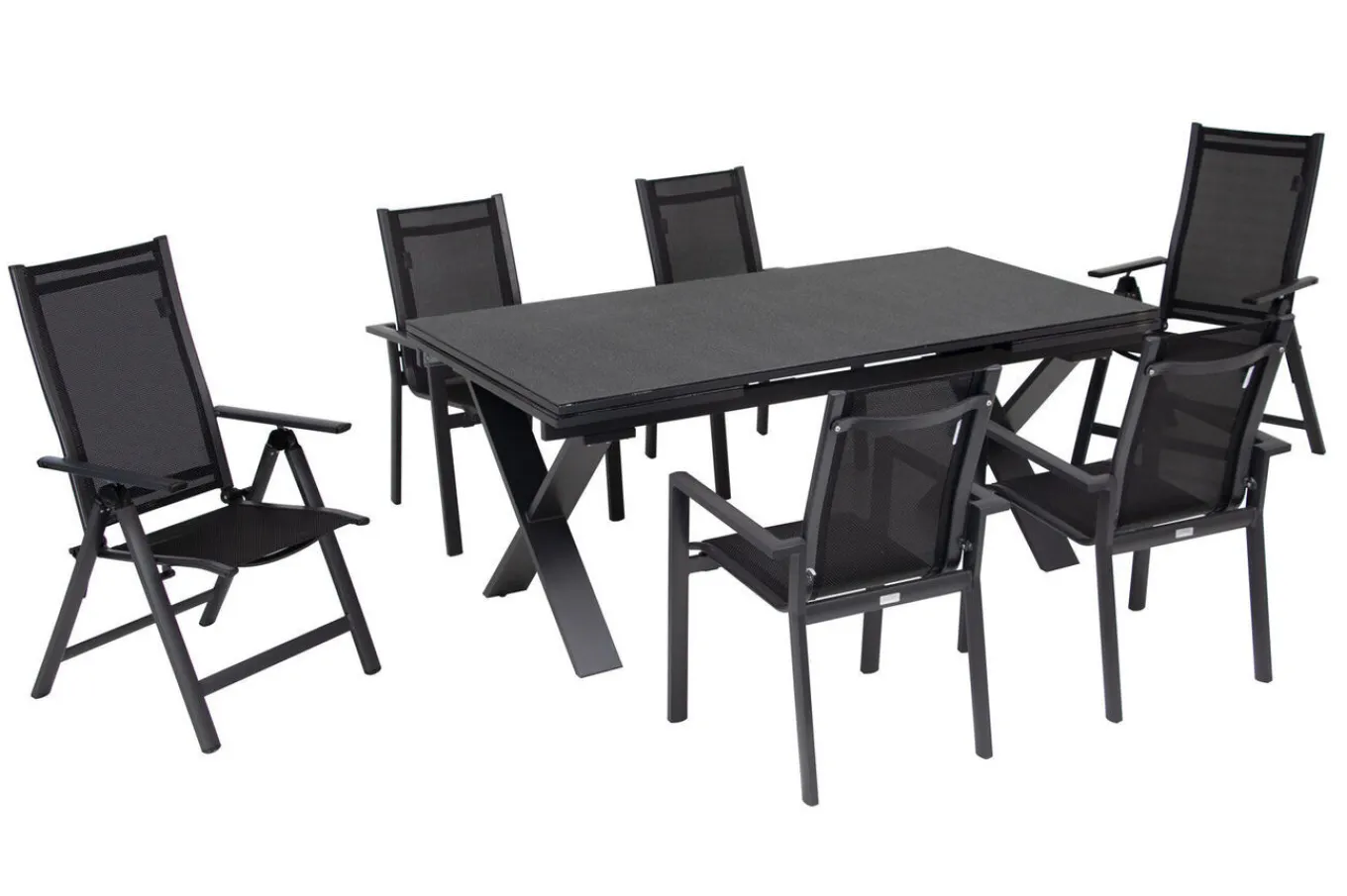 Discount Garten-Essgruppe, ® anthrazit matt, Alu / Spraystone / Textil, Tisch 180/280 x 100 cm, 4 Stapelsessel, 2 Klappstühle Garten-Essgruppen
