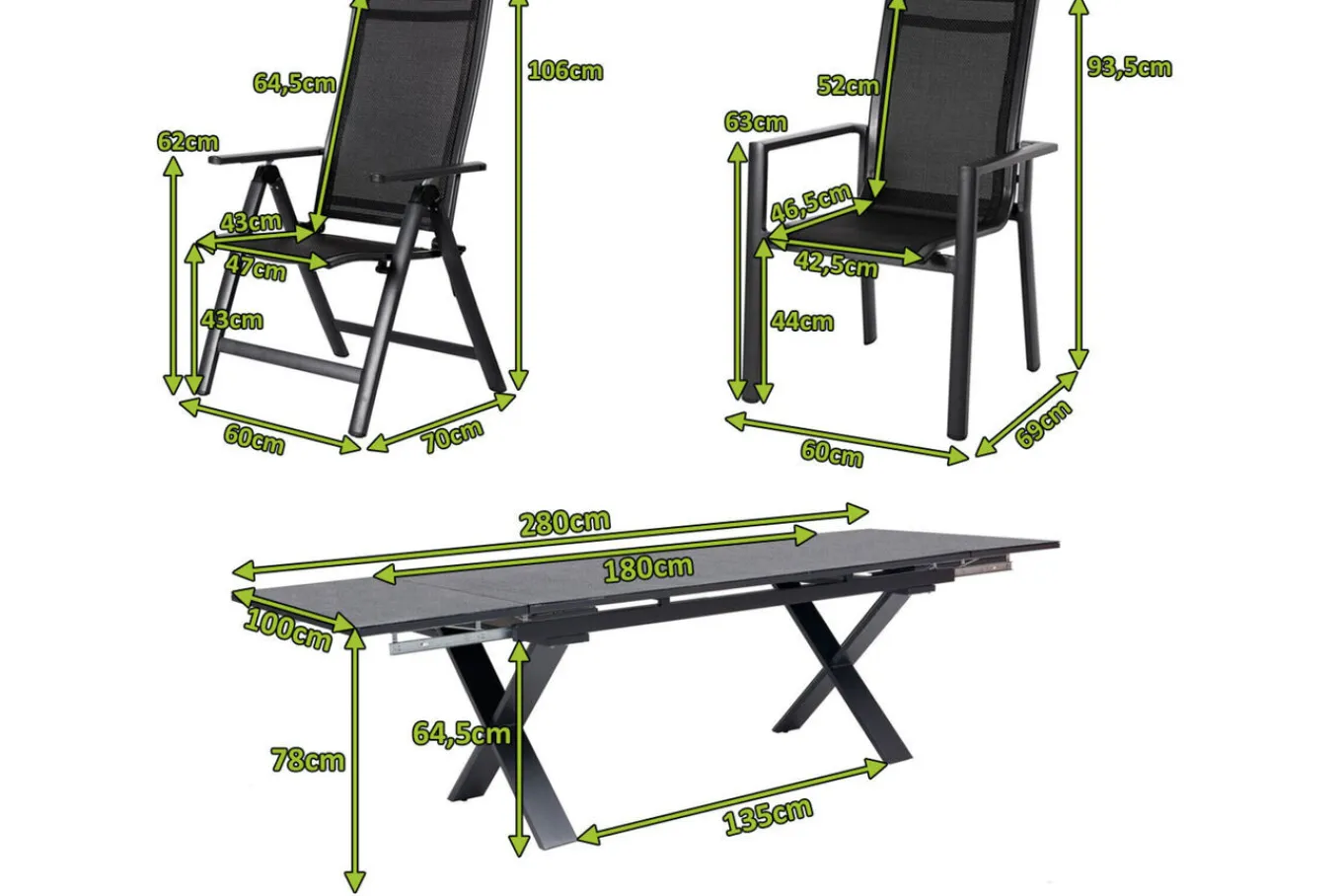 Discount Garten-Essgruppe, ® anthrazit matt, Alu / Spraystone / Textil, Tisch 180/280 x 100 cm, 4 Stapelsessel, 2 Klappstühle Garten-Essgruppen