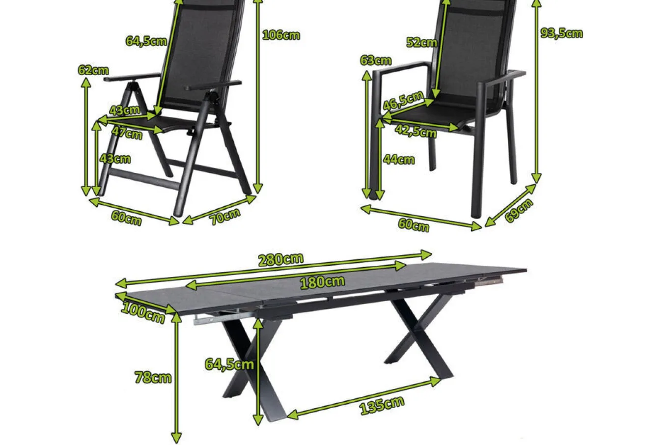 Discount Garten-Essgruppe, ® anthrazit matt, Alu / Spraystone / Textil, Tisch 180/280 x 100 cm, 4 Stapelsessel, 2 Klappstühle Garten-Essgruppen