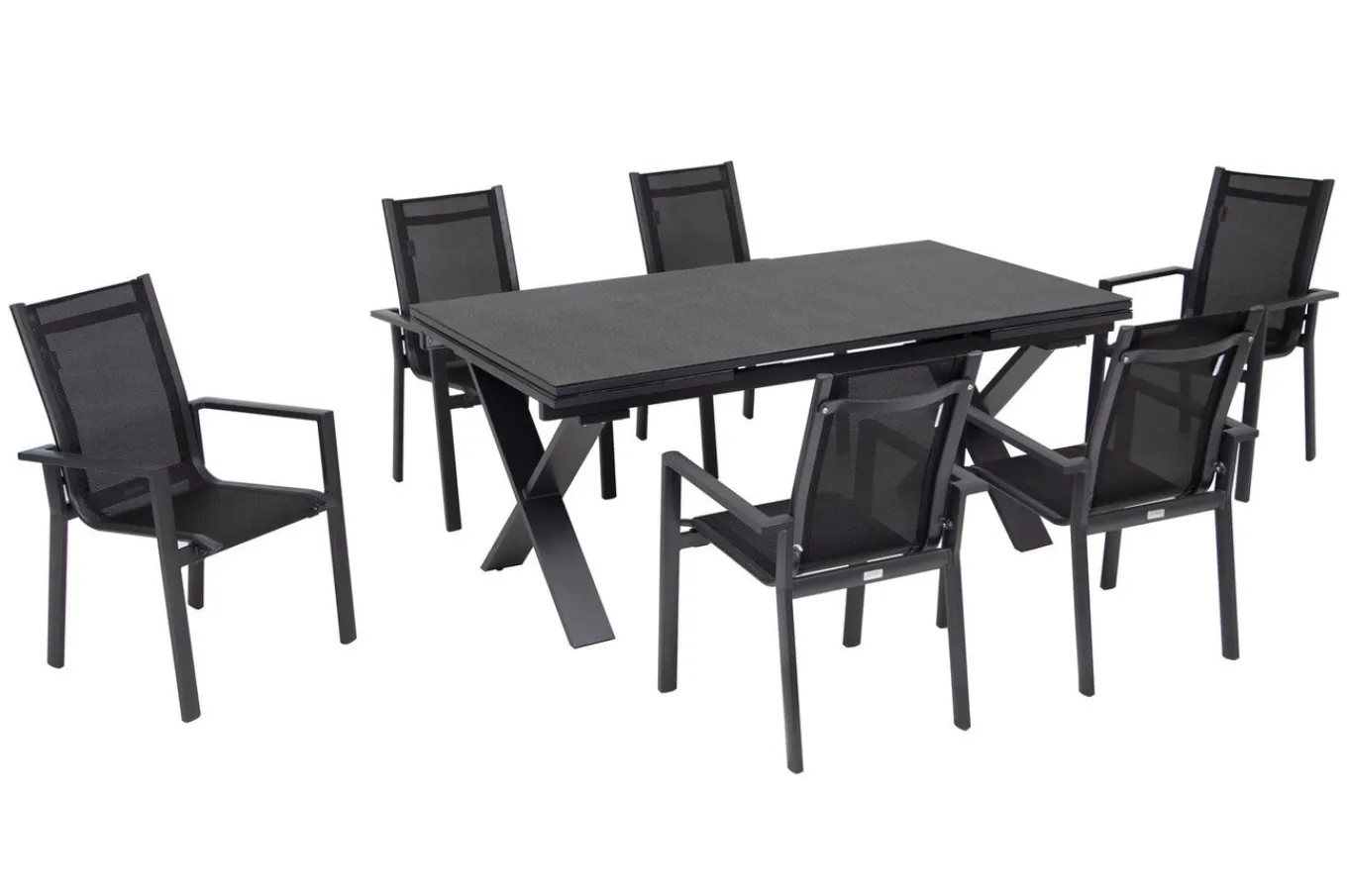 Garten-Essgruppe, ® anthrazit matt, Alu / Spraystone / Textil, Tisch 180/280x100cm, 6 Stapelsessel Garten-Essgruppen