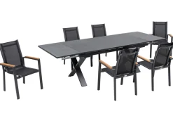 Sale Garten-Essgruppe, ® anthrazit matt, Alu / Spraystone / Teak, Tisch 180/280x100cm, 6 Stapelsessel Garten-Essgruppen
