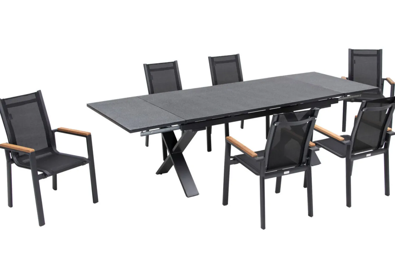 Sale Garten-Essgruppe, ® anthrazit matt, Alu / Spraystone / Teak, Tisch 180/280x100cm, 6 Stapelsessel Garten-Essgruppen