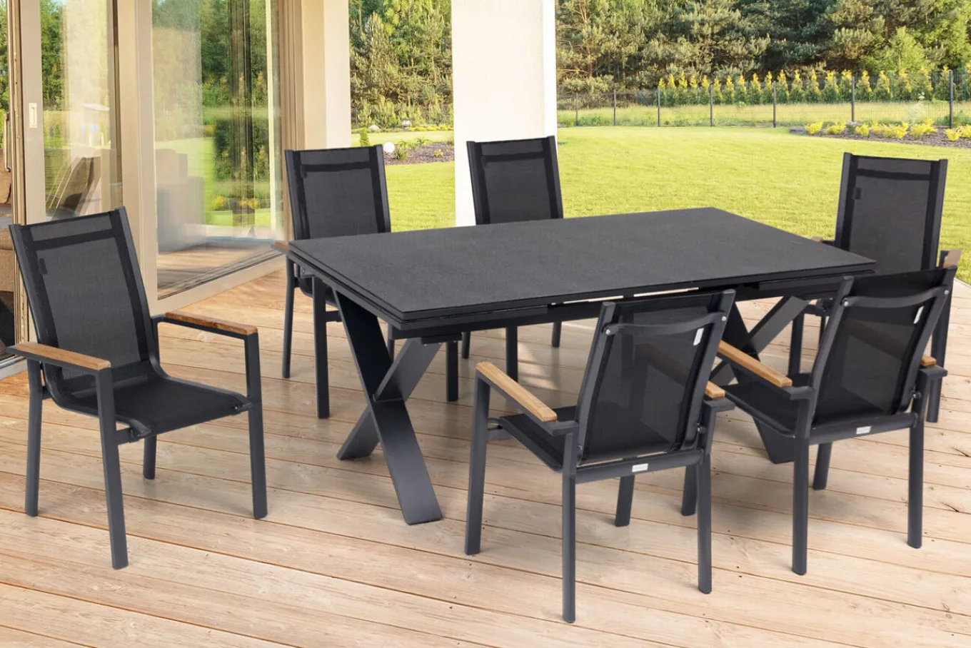 Sale Garten-Essgruppe, ® anthrazit matt, Alu / Spraystone / Teak, Tisch 180/280x100cm, 6 Stapelsessel Garten-Essgruppen