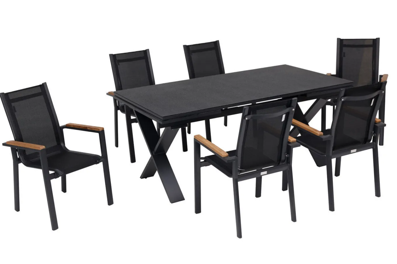 Sale Garten-Essgruppe, ® anthrazit matt, Alu / Spraystone / Teak, Tisch 180/280x100cm, 6 Stapelsessel Garten-Essgruppen