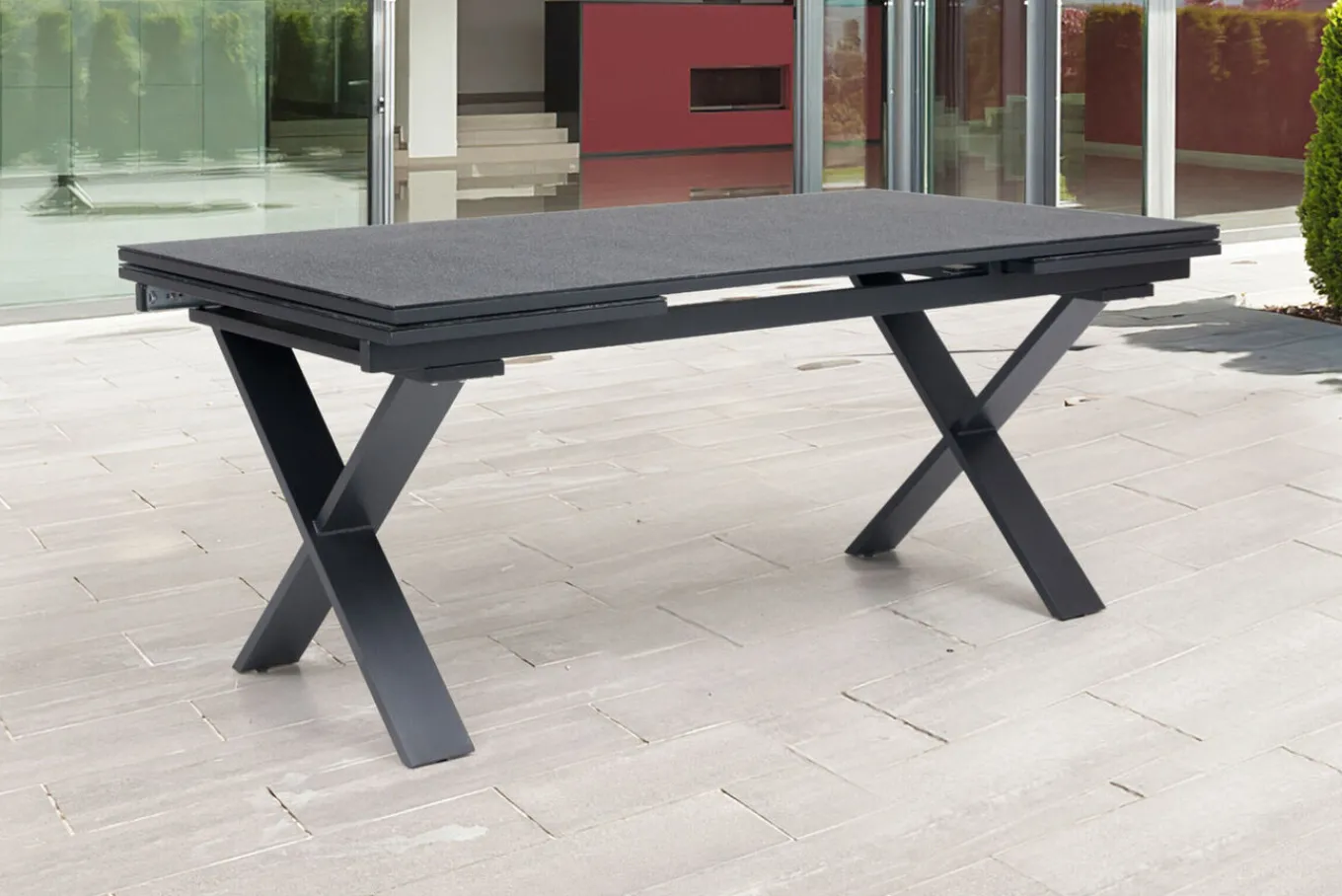 Sale Garten-Essgruppe, ® anthrazit matt, Alu / Spraystone / Teak, Tisch 180/280x100cm, 6 Stapelsessel Garten-Essgruppen