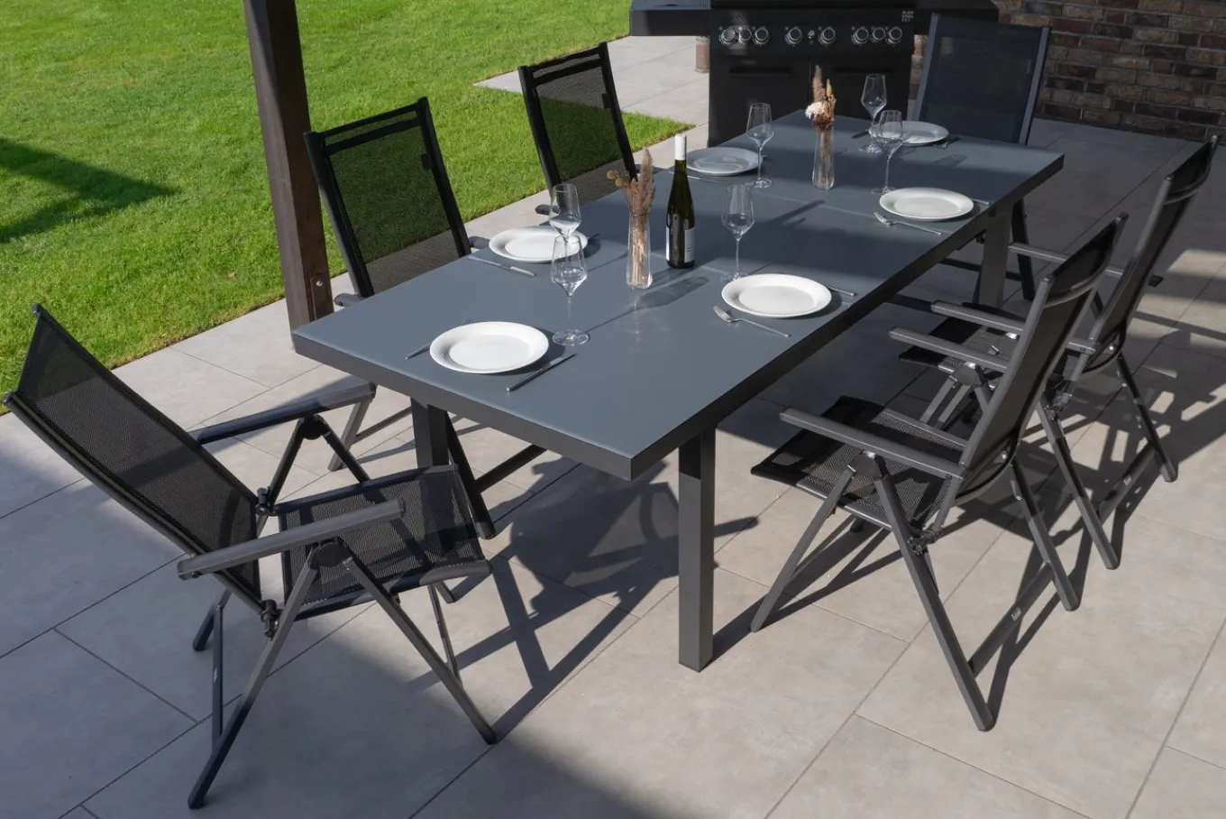 New Garten-Essgruppe, 6 Personen, ausziehbarer Tisch 180–240 cm, Aluminium/Textilene Garten-Essgruppen