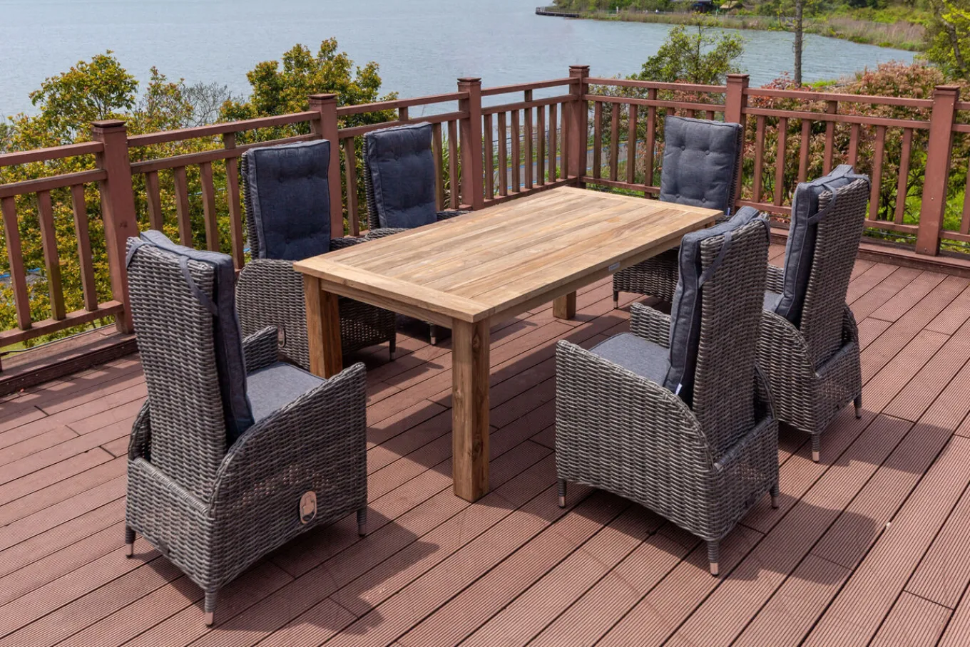 Garten-Essgruppe, Polyrattan/Teakholz, Tisch 200 x 100 cm, 6 Hochlehner- Diningsessel, inkl. Polster Polyrattan-Gartenmöbel|Garten-Essgruppen