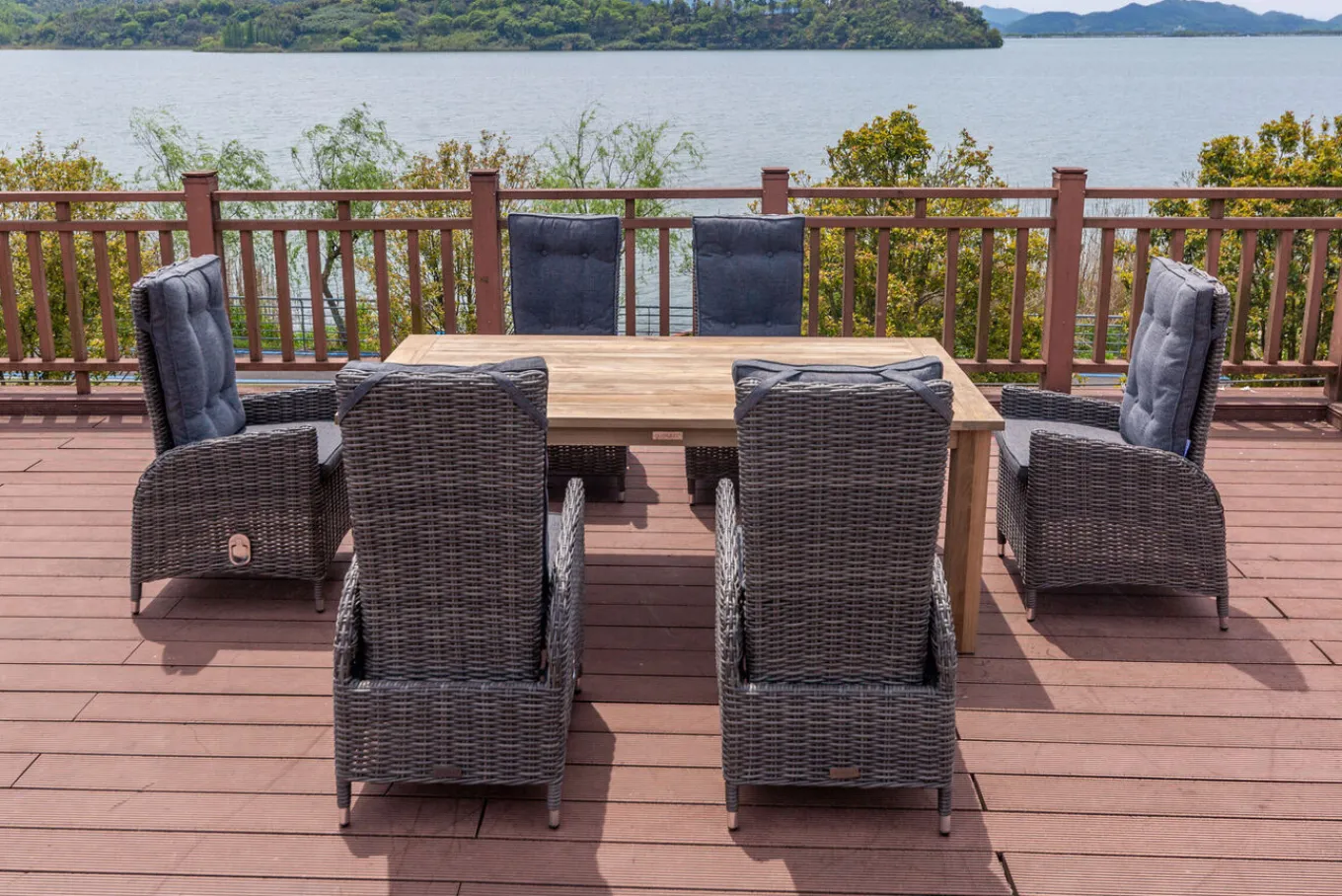 Garten-Essgruppe, Polyrattan/Teakholz, Tisch 200 x 100 cm, 6 Hochlehner- Diningsessel, inkl. Polster Polyrattan-Gartenmöbel|Garten-Essgruppen
