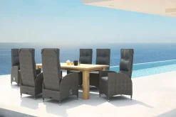 Garten-Essgruppe, Polyrattan/Teakholz, Tisch 200 x 100 cm, 6 Hochlehner- Diningsessel, inkl. Polster Polyrattan-Gartenmöbel|Garten-Essgruppen