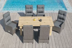 Garten-Essgruppe, Polyrattan/Teakholz, Tisch 200 x 100 cm, 6 Hochlehner- Diningsessel, inkl. Polster Polyrattan-Gartenmöbel|Garten-Essgruppen