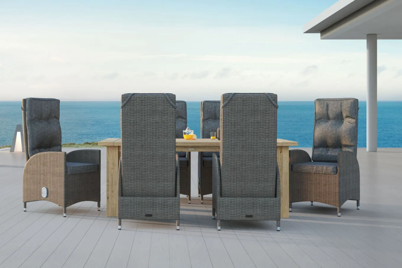 Garten-Essgruppe, Polyrattan/Teakholz, Tisch 200 x 100 cm, 6 Hochlehner- Diningsessel, inkl. Polster Polyrattan-Gartenmöbel|Garten-Essgruppen