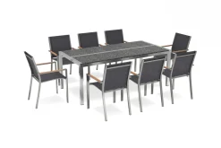 Online Garten-Essgruppe, schwarz/graphite, Edelstahl/Glaskeramik, Tisch 200x100cm, 8 Stapelstühle, witterungsbeständig Garten-Essgruppen