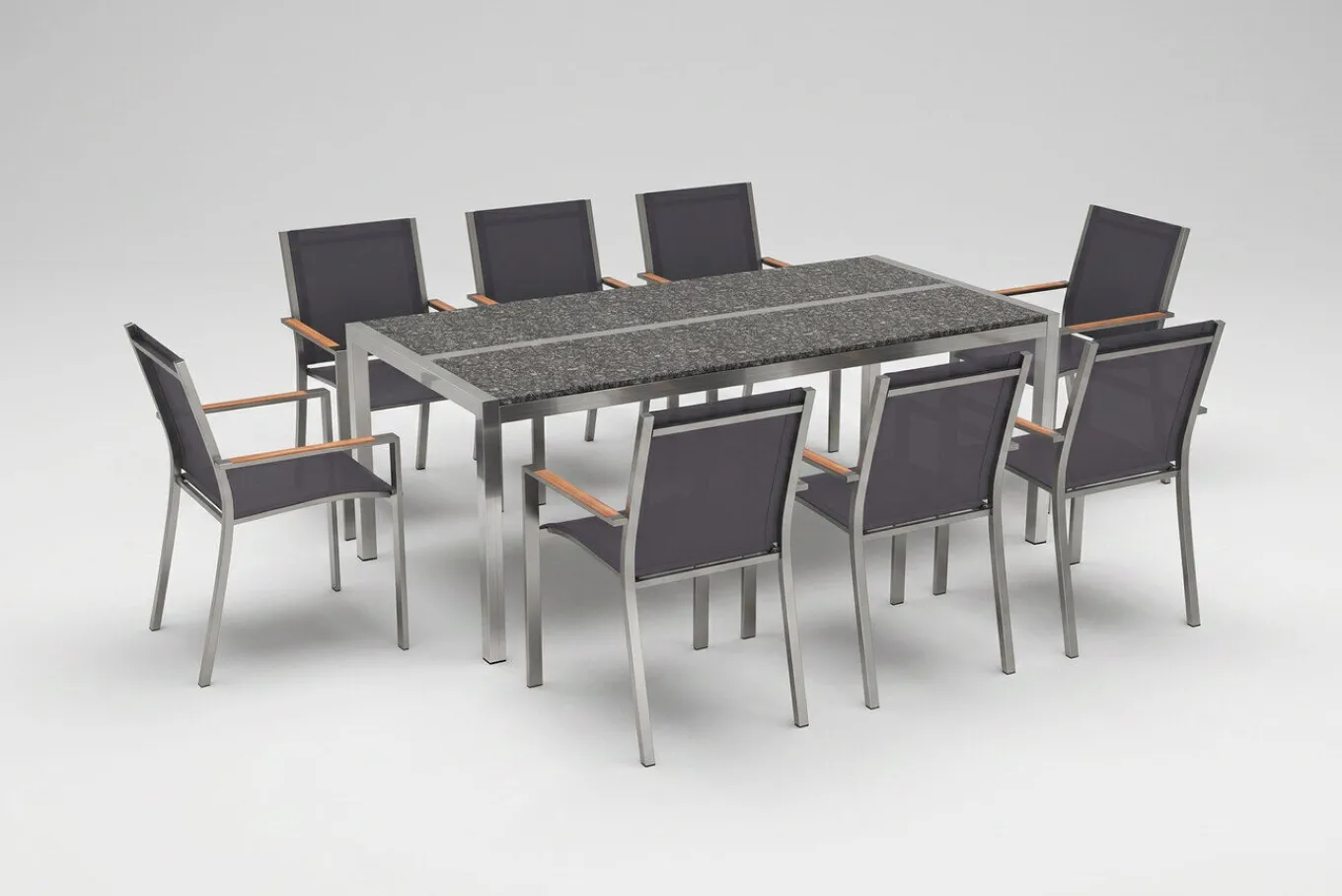 Online Garten-Essgruppe, schwarz/graphite, Edelstahl/Glaskeramik, Tisch 200x100cm, 8 Stapelstühle, witterungsbeständig Garten-Essgruppen