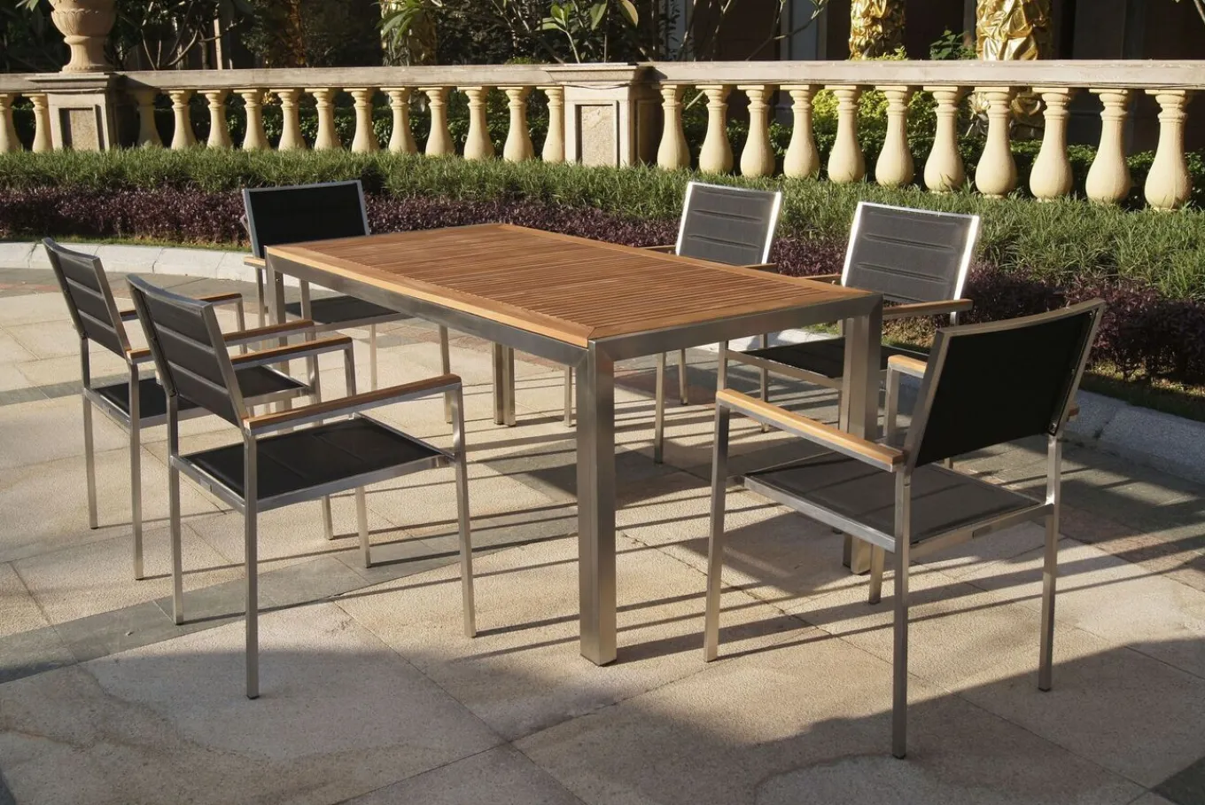 Outlet Garten-Essgruppe, schwarz, Edelstahl/Teak, Esstisch 180 x 90 cm, 6 Stapelstühle gepolstert Garten-Essgruppen|Edelstahl-Gartenmöbel