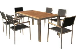 Outlet Garten-Essgruppe, schwarz, Edelstahl/Teak, Esstisch 180 x 90 cm, 6 Stapelstühle gepolstert Garten-Essgruppen|Edelstahl-Gartenmöbel