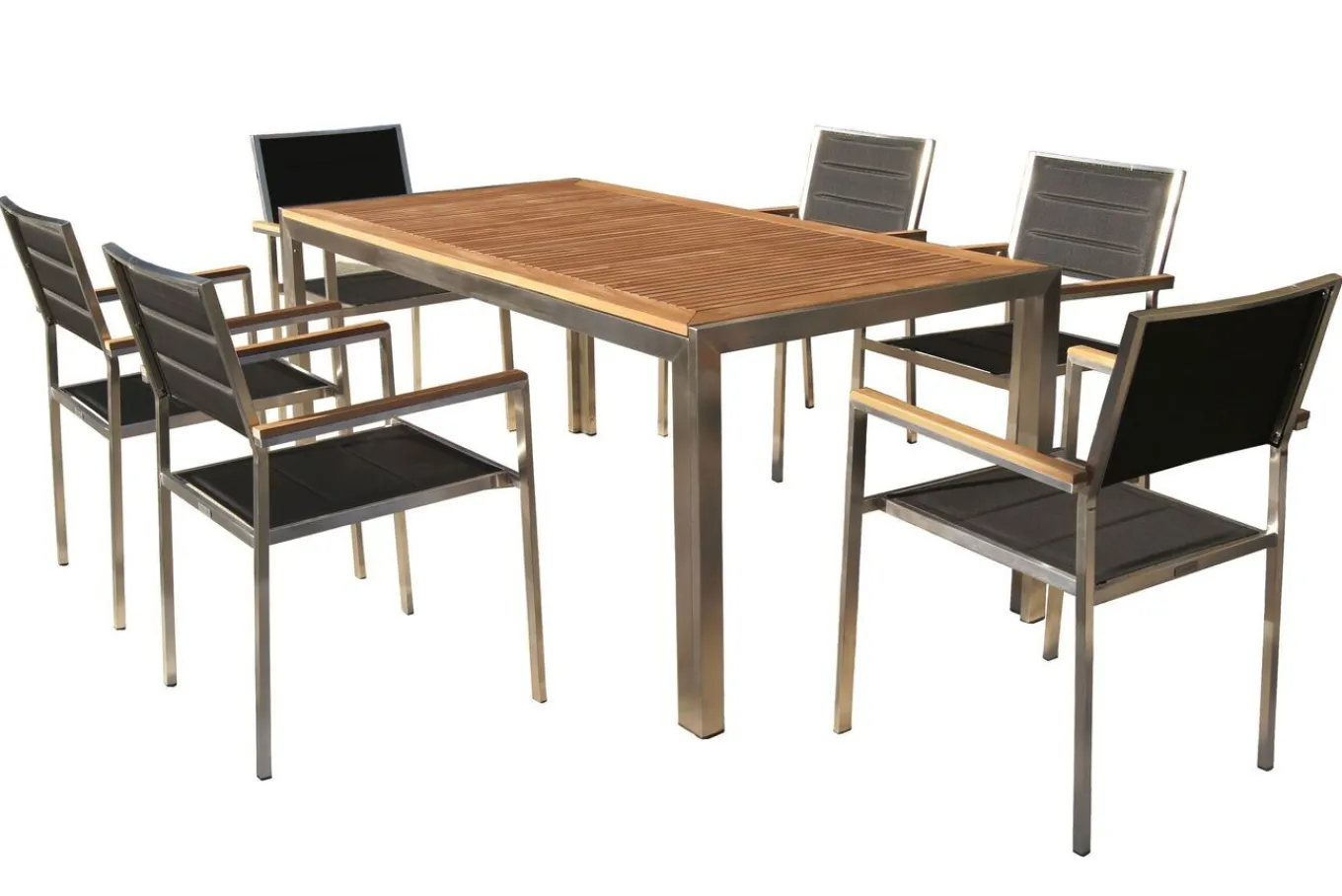 Outlet Garten-Essgruppe, schwarz, Edelstahl/Teak, Esstisch 180 x 90 cm, 6 Stapelstühle gepolstert Garten-Essgruppen|Edelstahl-Gartenmöbel