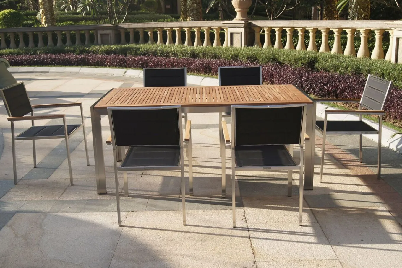 Outlet Garten-Essgruppe, schwarz, Edelstahl/Teak, Esstisch 180 x 90 cm, 6 Stapelstühle gepolstert Garten-Essgruppen|Edelstahl-Gartenmöbel