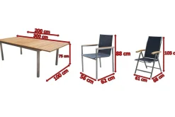 Garten-Essgruppe, schwarz, 200/300 x 100 cm, Edelstahl/Teak, Ausziehtisch, 8 Stapelstühle, 2 Klappstühle, FSC®-zertifiziertes Produkt Garten-Essgruppen|Edelstahl-Gartenmöbel