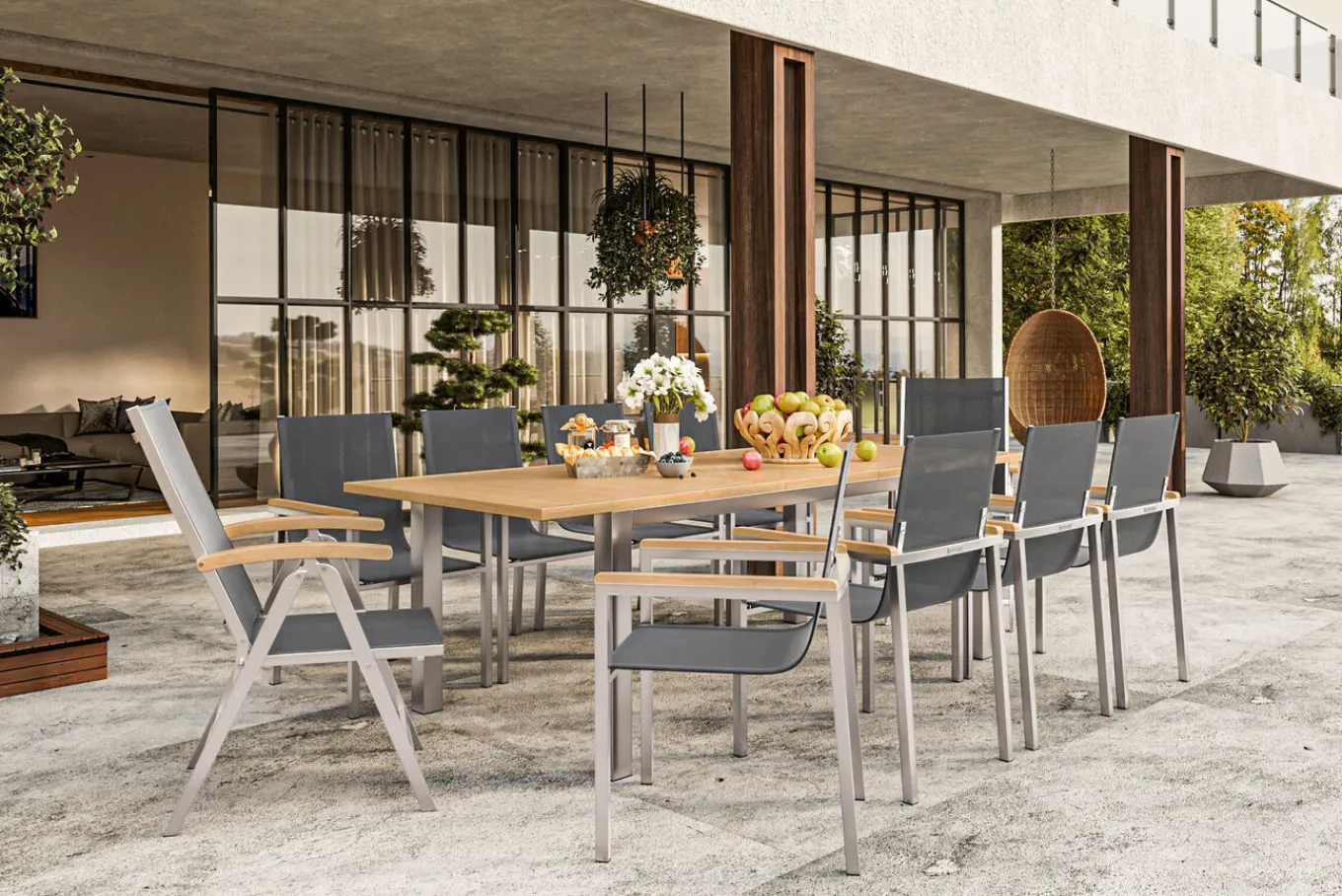 Garten-Essgruppe, schwarz, 200/300 x 100 cm, Edelstahl/Teak, Ausziehtisch, 8 Stapelstühle, 2 Klappstühle, FSC®-zertifiziertes Produkt Garten-Essgruppen|Edelstahl-Gartenmöbel