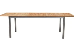 Garten-Essgruppe, schwarz, 200/300 x 100 cm, Edelstahl/Teak, Ausziehtisch, 8 Stapelstühle, 2 Klappstühle, FSC®-zertifiziertes Produkt Garten-Essgruppen|Edelstahl-Gartenmöbel