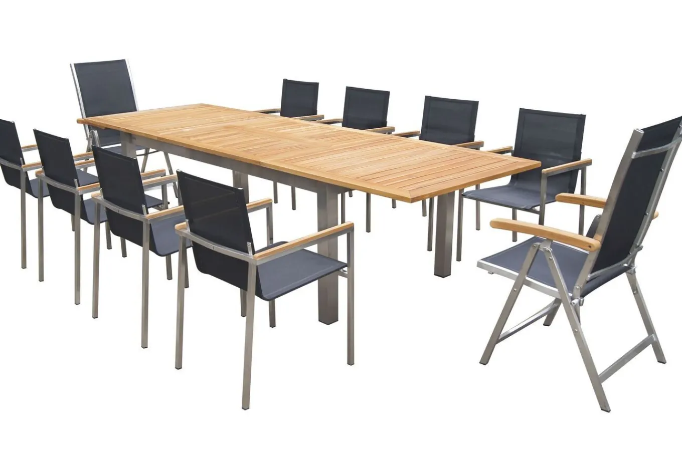 Garten-Essgruppe, schwarz, 200/300 x 100 cm, Edelstahl/Teak, Ausziehtisch, 8 Stapelstühle, 2 Klappstühle, FSC®-zertifiziertes Produkt Garten-Essgruppen|Edelstahl-Gartenmöbel