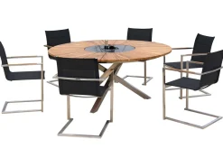 Hot Garten-Essgruppe, schwarz, Edelstahl/Teak, Ø 170 cm, 6 Freischwinger, inkl. drehbarer Granitplatte + Eiskühler, FSC®-zertifiziertes Produkt Garten-Essgruppen|Edelstahl-Gartenmöbel