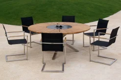 Hot Garten-Essgruppe, schwarz, Edelstahl/Teak, Ø 170 cm, 6 Freischwinger, inkl. drehbarer Granitplatte + Eiskühler, FSC®-zertifiziertes Produkt Garten-Essgruppen|Edelstahl-Gartenmöbel