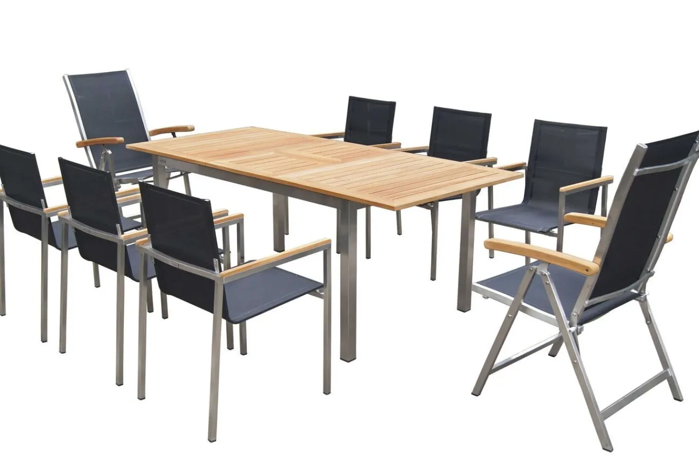 Best Garten-Essgruppe, schwarz, 150 x 90 cm, Edelstahl/Teak, Ausziehtisch, 6 Stühle, 2 Klappstühle Garten-Essgruppen