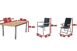Best Garten-Essgruppe, schwarz, 150 x 90 cm, Edelstahl/Teak, Ausziehtisch, 6 Stühle, 2 Klappstühle Garten-Essgruppen