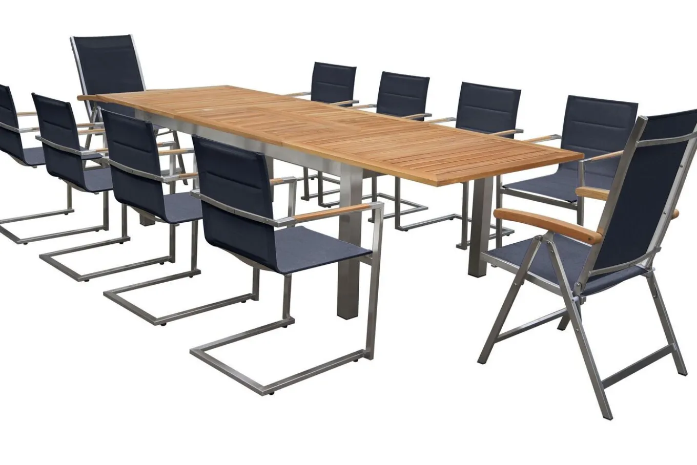 Garten-Essgruppe, schwarz, 200/300 x 100 cm, Edelstahl/Teak, Ausziehtisch, 8 Stühle padded, 2 Klappstühle, FSC®-zertifiziertes Produkt Garten-Essgruppen
