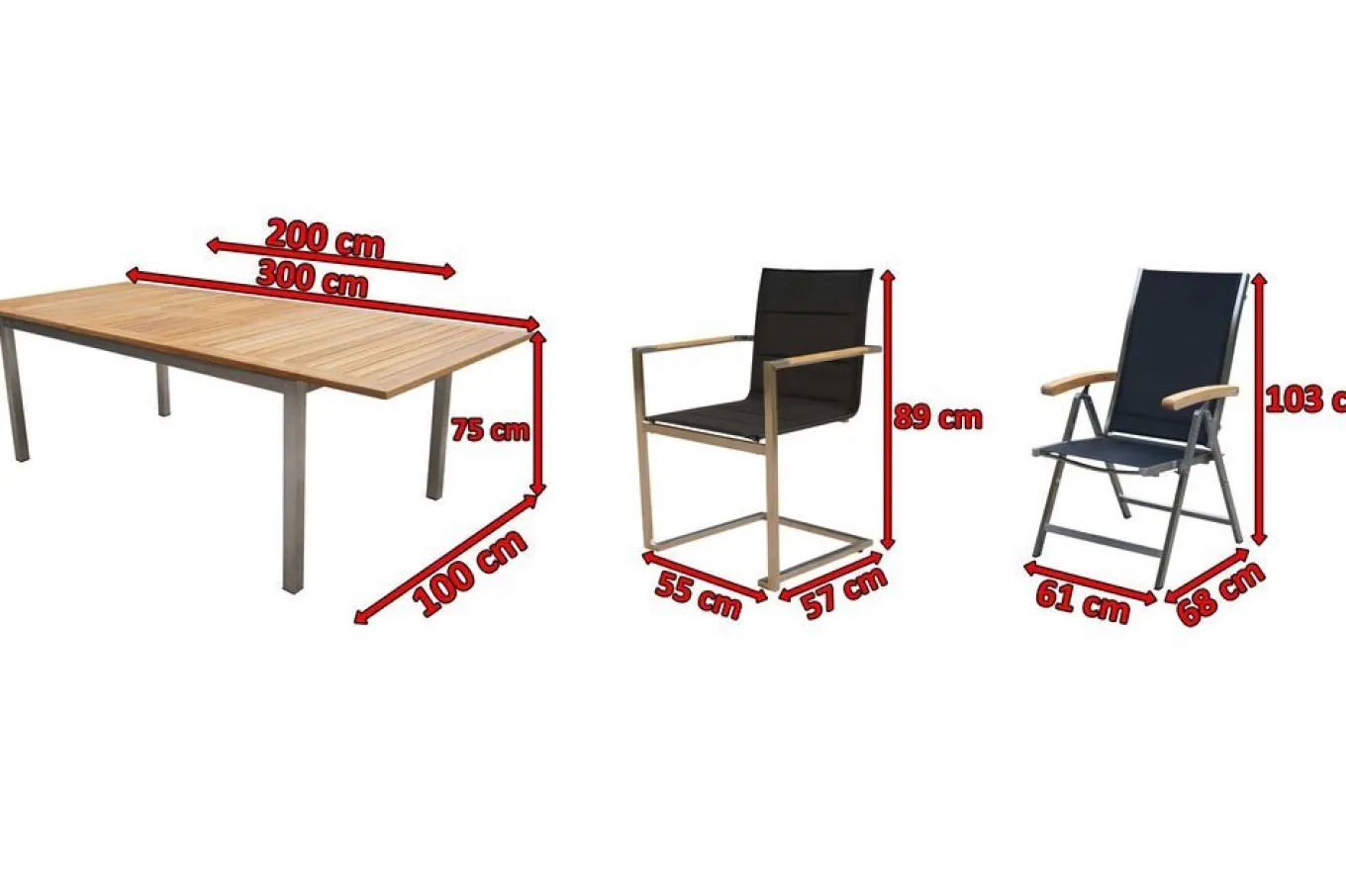 Garten-Essgruppe, schwarz, 200/300 x 100 cm, Edelstahl/Teak, Ausziehtisch, 8 Stühle padded, 2 Klappstühle, FSC®-zertifiziertes Produkt Garten-Essgruppen