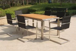 Online Garten-Essgruppe, schwarz, Edelstahl/Teak, Esstisch 200 x 90 cm, 6 Stapelstühle gepolstert Garten-Essgruppen|Edelstahl-Gartenmöbel